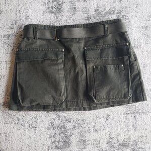 Olive Green Waxed Denim Jean Belted Utility Mini Skirt with Pockets